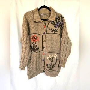 Peri made in New Zealand Tan Heavy Cable Chunky Button Front Wool Blend Sweater